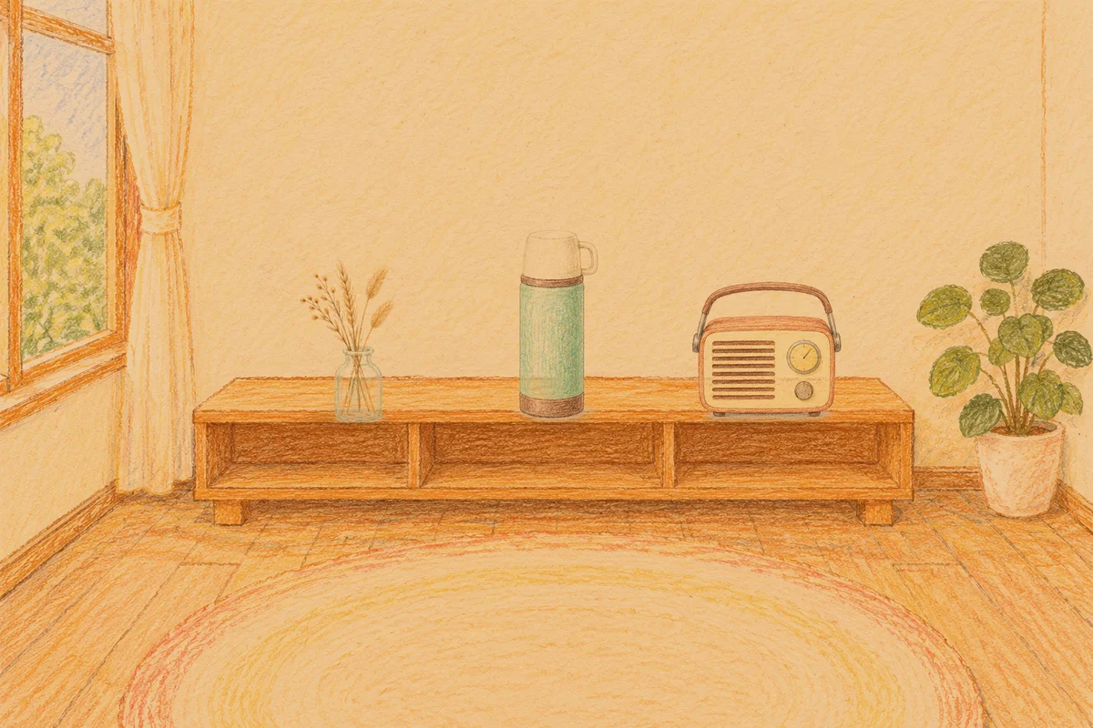 망우동 여성전용 아로마테라피 안내 그림, 저녁의 창가 낮은 선반 위에 놓인 마른 풀을 꽂은 항아리, 보온병, 작은 라디오