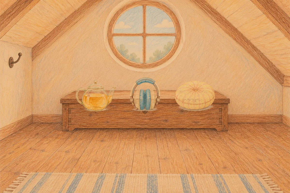 망우동 여성전용 아로마 마사지 후기 안내 그림, 저녁의 다락방 나무 궤짝 위에 놓인 유리 티포트, 헤드폰, 둥근 쿠션