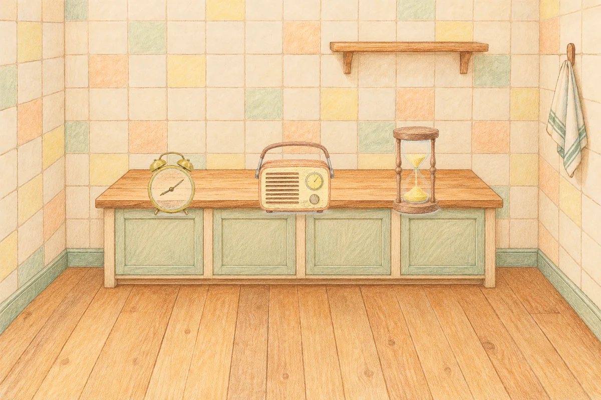 망우동 여성전용 아로마 추천 안내 그림, 낮의 부엌 나무 조리대 위에 놓인 둥근 알람시계, 작은 라디오, 모래시계
