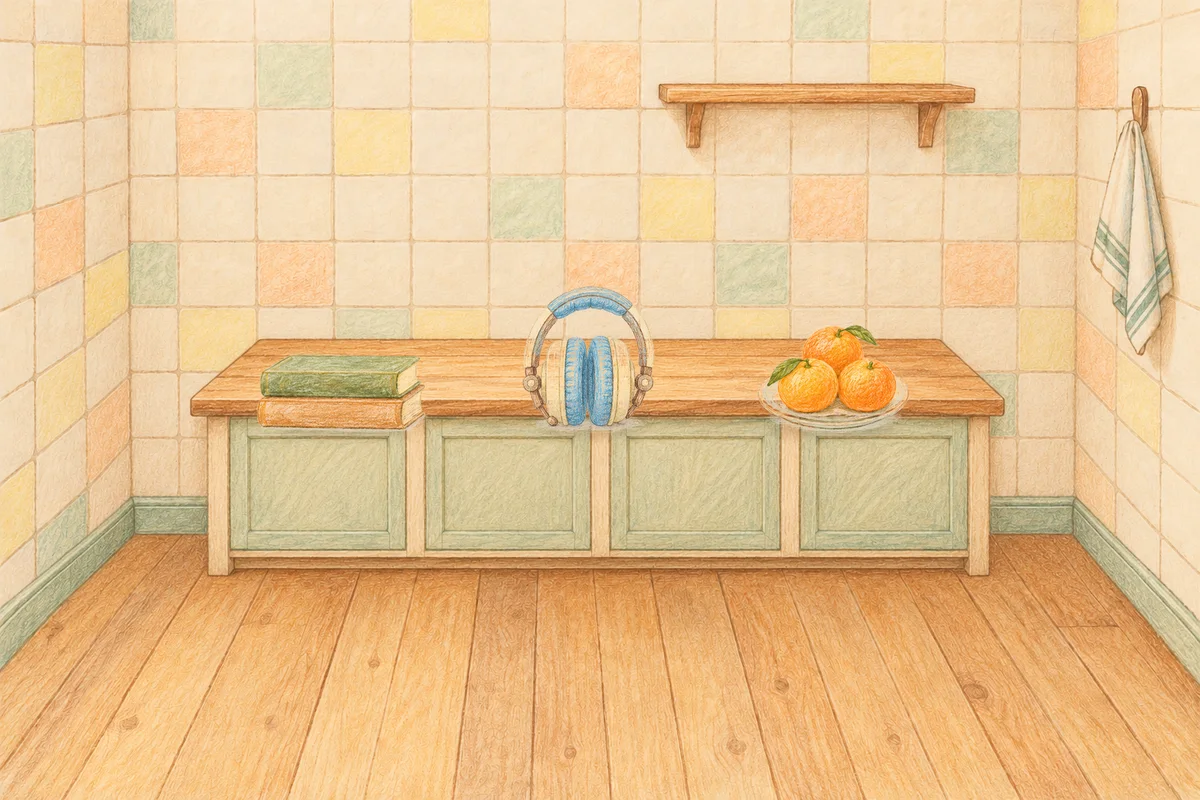 망우동 여성전용 경락 마사지 안내 그림, 낮의 부엌 나무 조리대 위에 놓인 책 두 권, 헤드폰, 귤이 담긴 접시