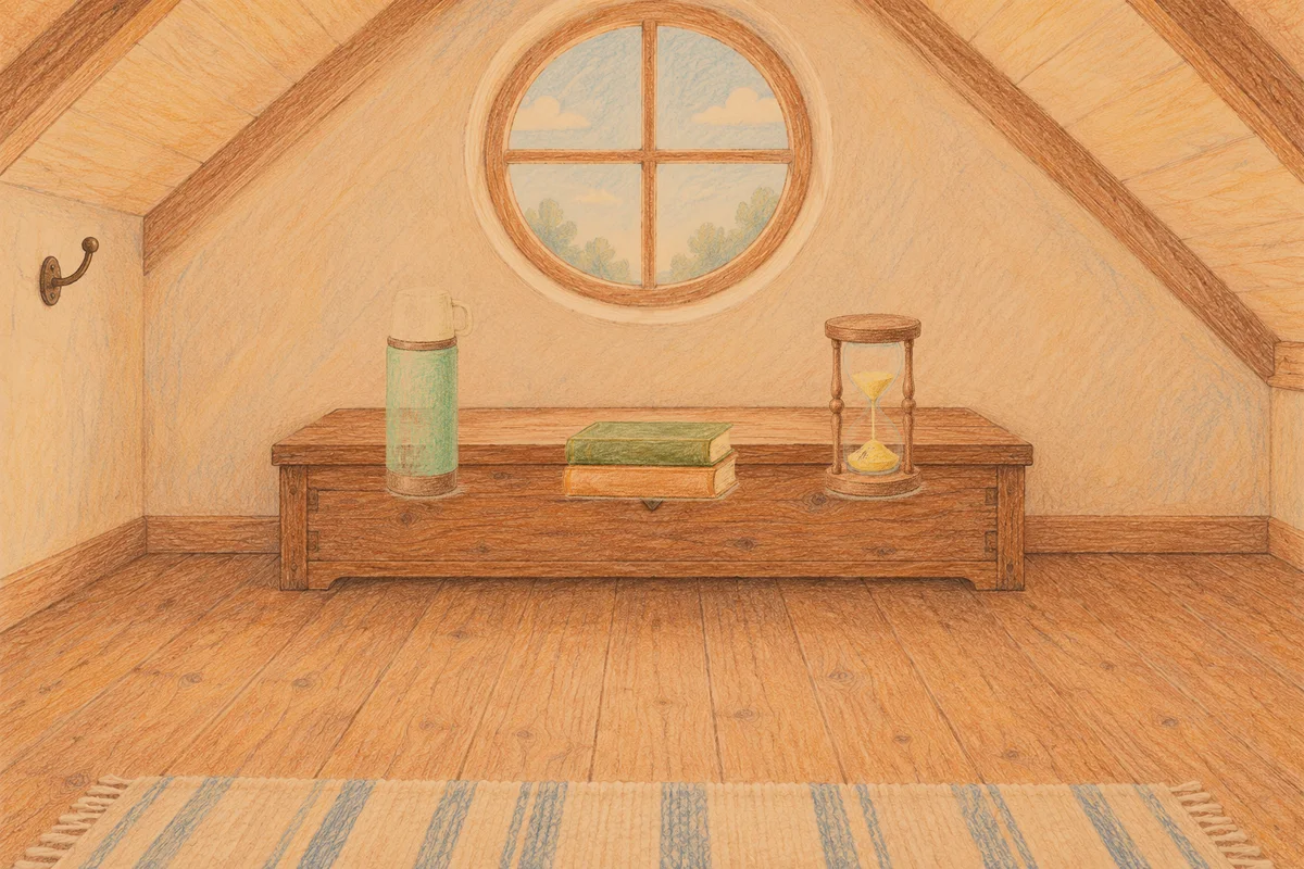망우동 여성전용 경락 케어 안내 그림, 저녁의 다락방 나무 궤짝 위에 놓인 보온병, 책 두 권, 모래시계