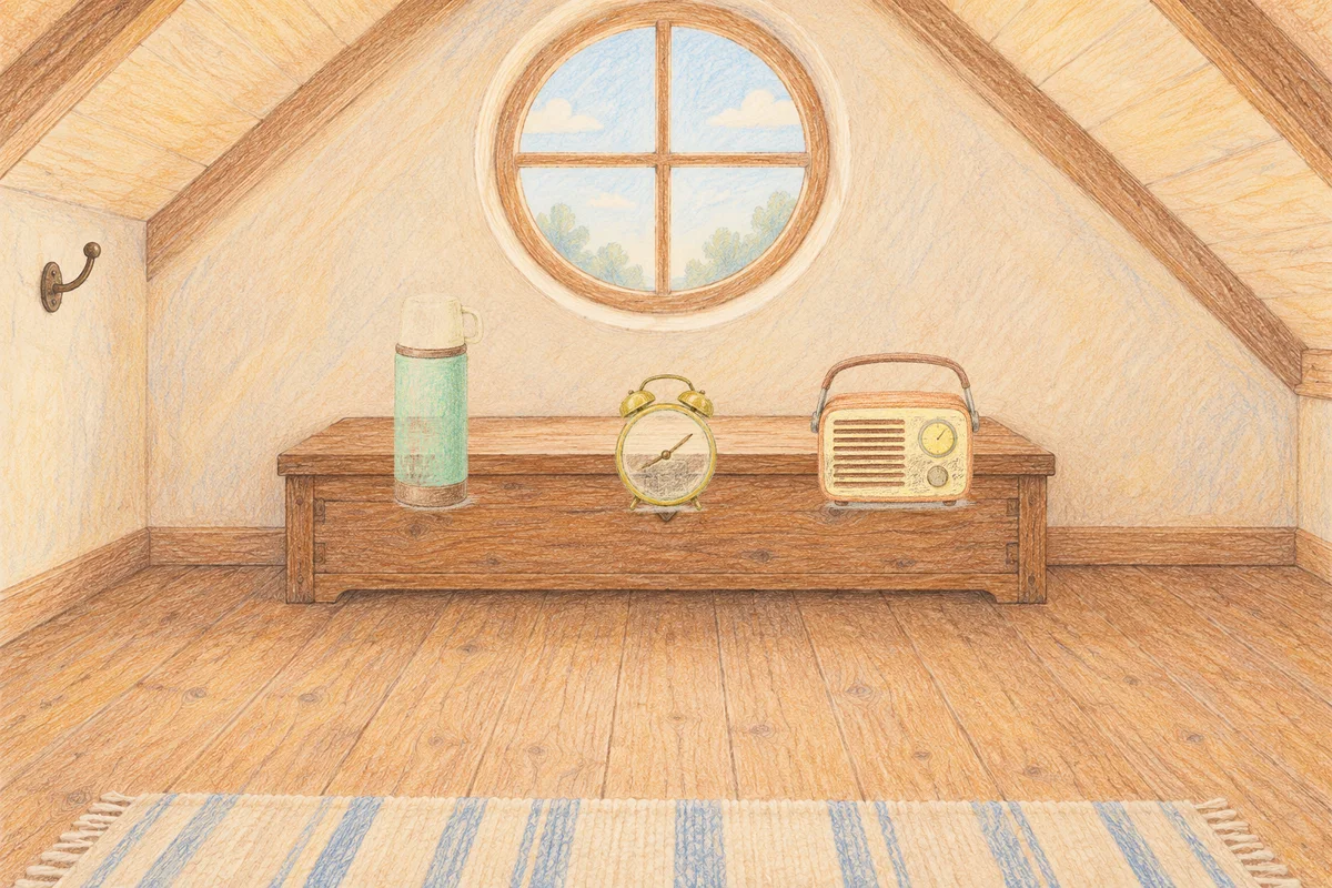 망우동 여성전용 얼굴 경락 안내 그림, 낮의 다락방 나무 궤짝 위에 놓인 보온병, 둥근 알람시계, 작은 라디오