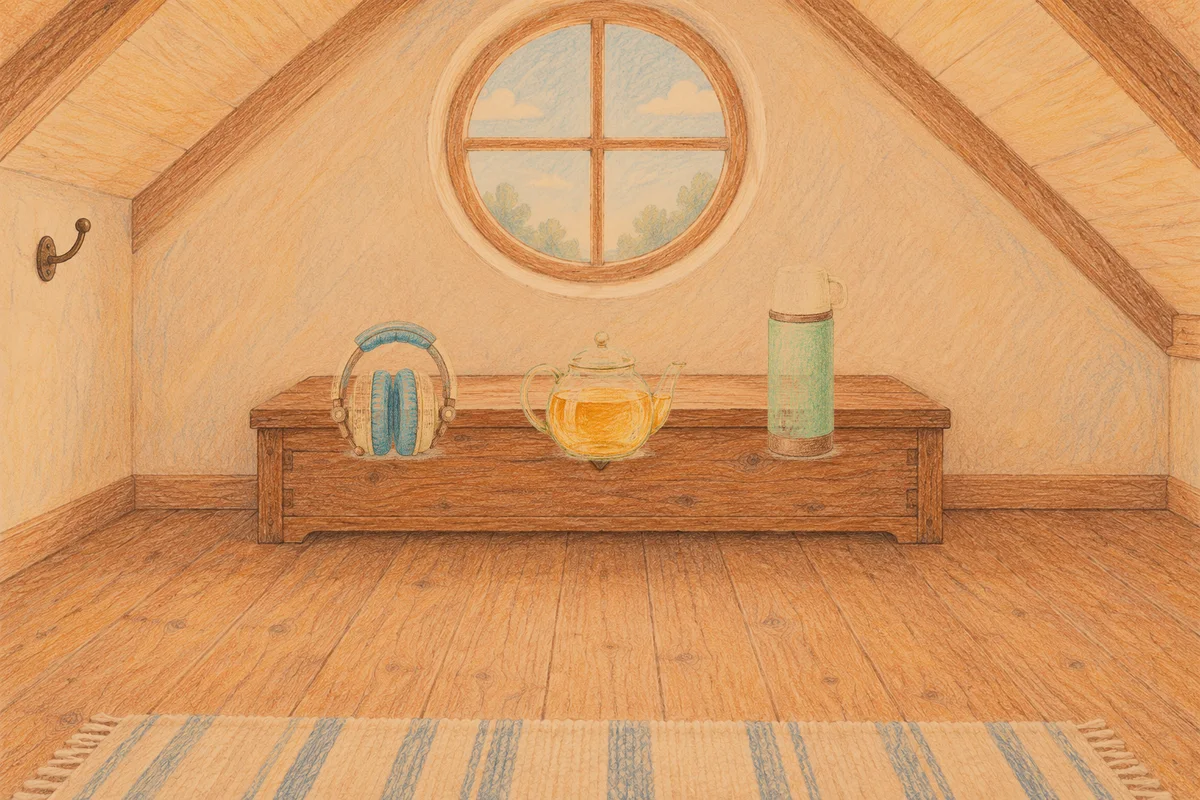망우동 여성전용 경락 가격 안내 그림, 저녁의 다락방 나무 궤짝 위에 놓인 헤드폰, 유리 티포트, 보온병