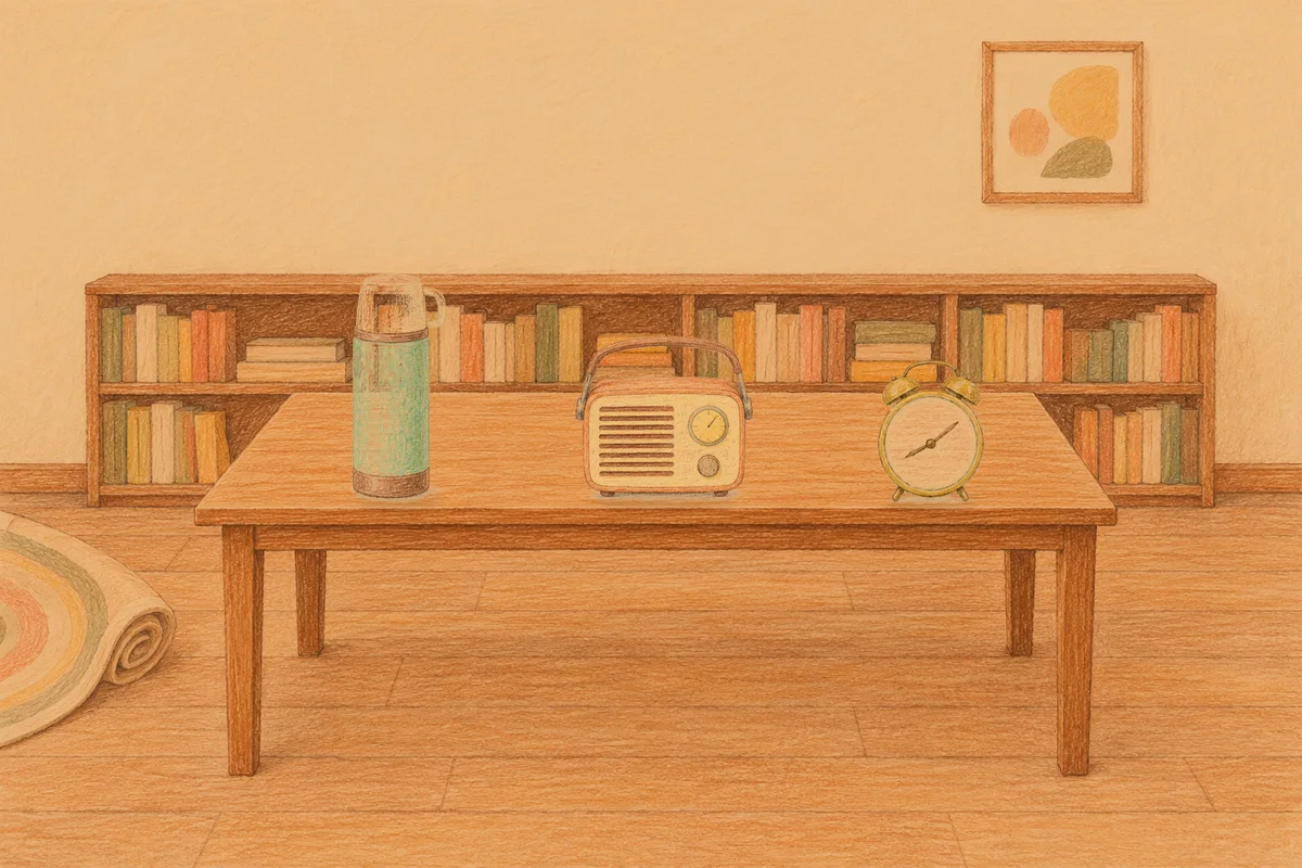 망우동 여성전용 홈케어 안내 그림, 저녁의 서재 긴 책상 위에 놓인 보온병, 작은 라디오, 둥근 알람시계