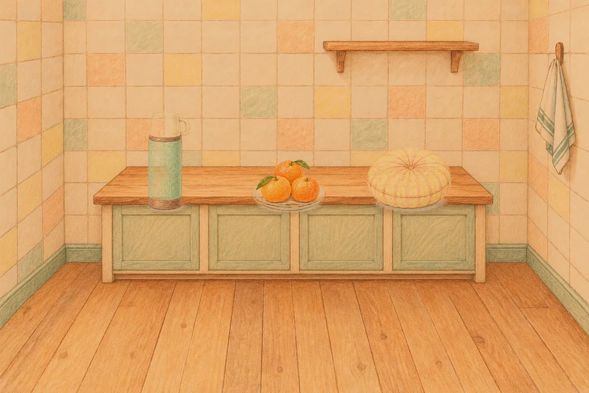 망우동 여성전용 방문 마사지 안내 그림, 저녁의 부엌 나무 조리대 위에 놓인 보온병, 귤이 담긴 접시, 둥근 쿠션