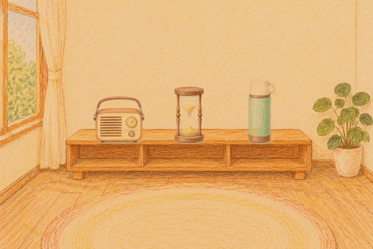 망우동 여성전용 홈케어 후기 안내 그림, 저녁의 창가 낮은 선반 위에 놓인 작은 라디오, 모래시계, 보온병