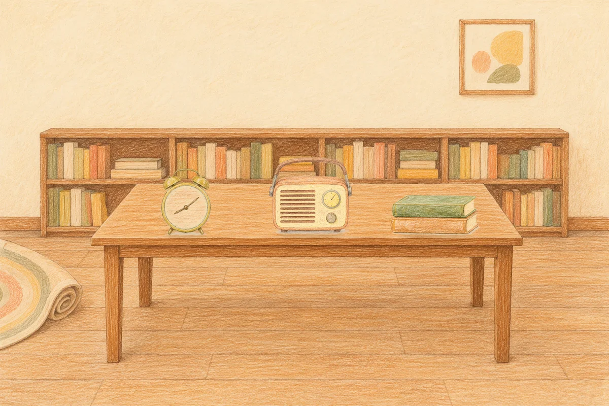 망우동 여성전용 발 케어 안내 그림, 낮의 서재 긴 책상 위에 놓인 둥근 알람시계, 작은 라디오, 책 두 권
