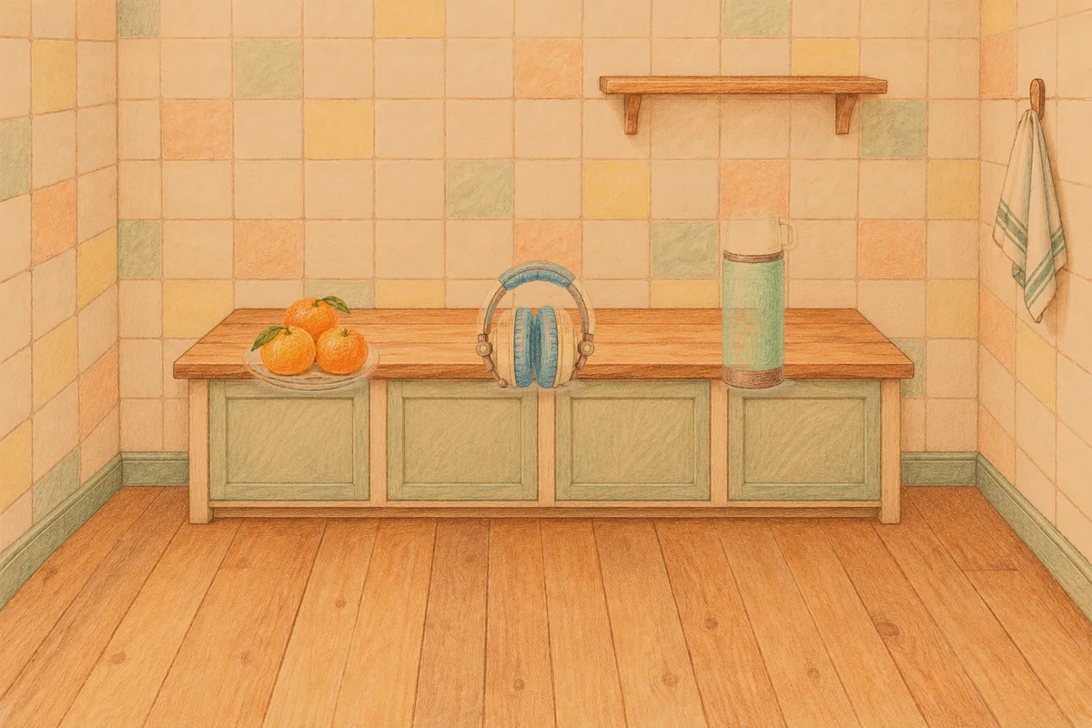 망우동 여성전용 부종 케어 안내 그림, 저녁의 부엌 나무 조리대 위에 놓인 귤이 담긴 접시, 헤드폰, 보온병