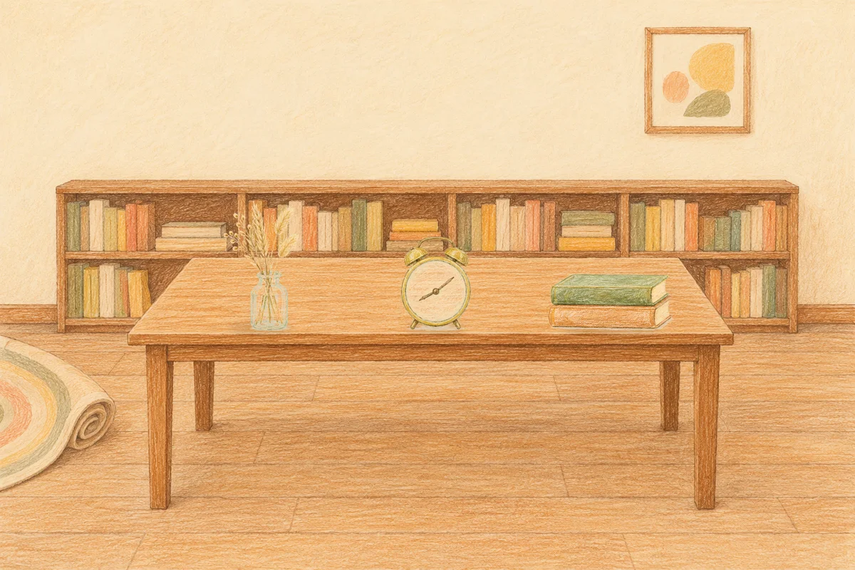 망우동 여성전용 셀룰라이트 관리 안내 그림, 낮의 서재 긴 책상 위에 놓인 마른 풀을 꽂은 항아리, 둥근 알람시계, 책 두 권