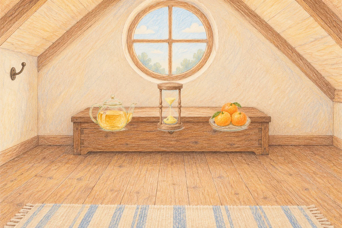 망우동 여성전용 디톡스 마사지 안내 그림, 낮의 다락방 나무 궤짝 위에 놓인 유리 티포트, 모래시계, 귤이 담긴 접시