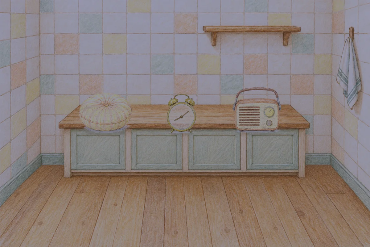 망우동 여성전용 다이어트 마사지 안내 그림, 밤의 부엌 나무 조리대 위에 놓인 둥근 쿠션, 둥근 알람시계, 작은 라디오