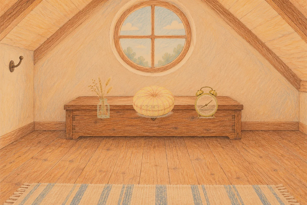 망우동 여성전용 두피 케어 안내 그림, 저녁의 다락방 나무 궤짝 위에 놓인 마른 풀을 꽂은 항아리, 둥근 쿠션, 둥근 알람시계
