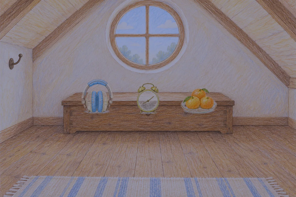 망우동 여성전용 수면 케어 안내 그림, 밤의 다락방 나무 궤짝 위에 놓인 헤드폰, 둥근 알람시계, 귤이 담긴 접시
