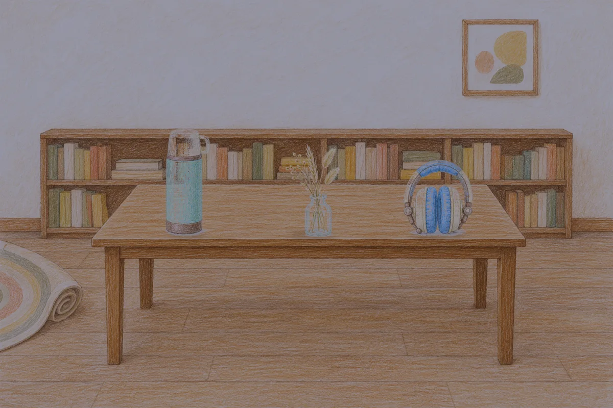 망우동 여성전용 피로 회복 마사지 안내 그림, 밤의 서재 긴 책상 위에 놓인 보온병, 마른 풀을 꽂은 항아리, 헤드폰