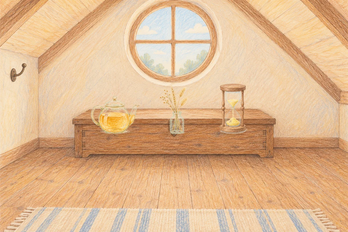 망우동 여성전용 추천 마사지 안내 그림, 낮의 다락방 나무 궤짝 위에 놓인 유리 티포트, 마른 풀을 꽂은 항아리, 모래시계