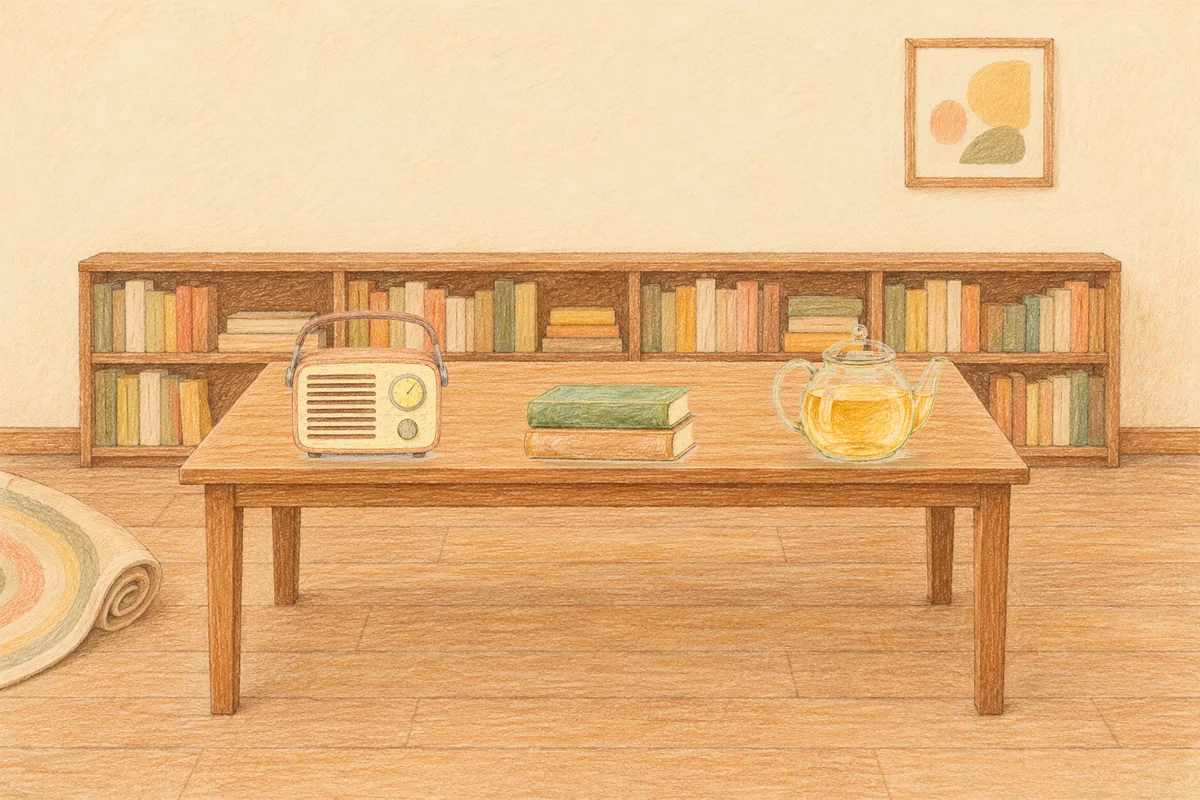 망우동 여성전용 출장 마사지 안내 그림, 낮의 서재 긴 책상 위에 놓인 작은 라디오, 책 두 권, 유리 티포트