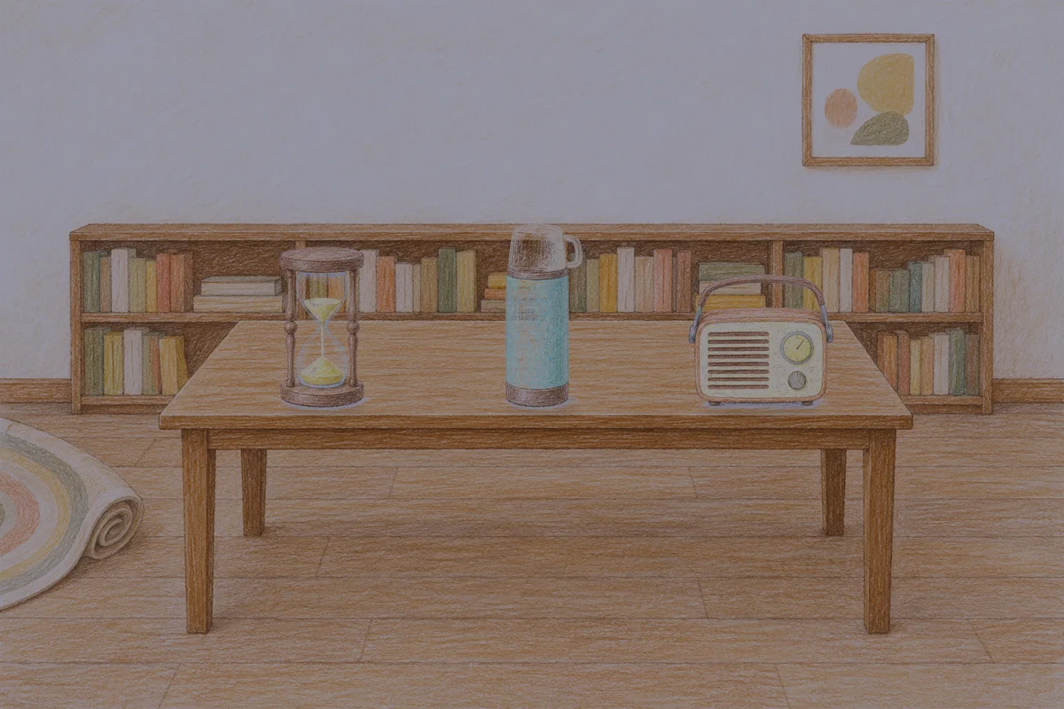 망우동 여성전용 출장 마사지 후기 안내 그림, 밤의 서재 긴 책상 위에 놓인 모래시계, 보온병, 작은 라디오