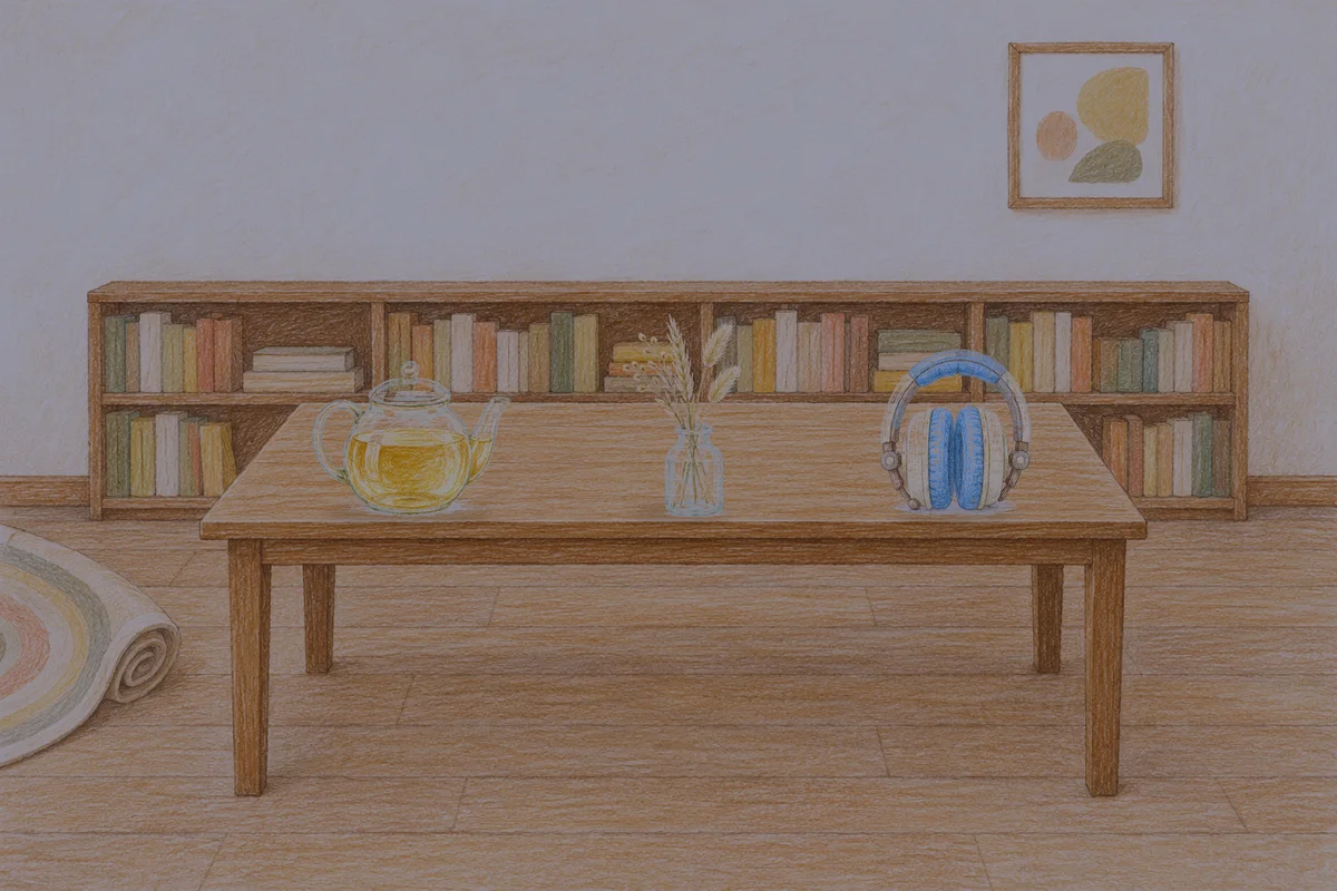 신내동 여성전용 스웨디시 마사지 안내 그림, 밤의 서재 긴 책상 위에 놓인 유리 티포트, 마른 풀을 꽂은 항아리, 헤드폰