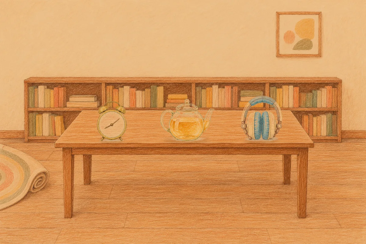 신내동 여성전용 아로마 마사지 안내 그림, 저녁의 서재 긴 책상 위에 놓인 둥근 알람시계, 유리 티포트, 헤드폰