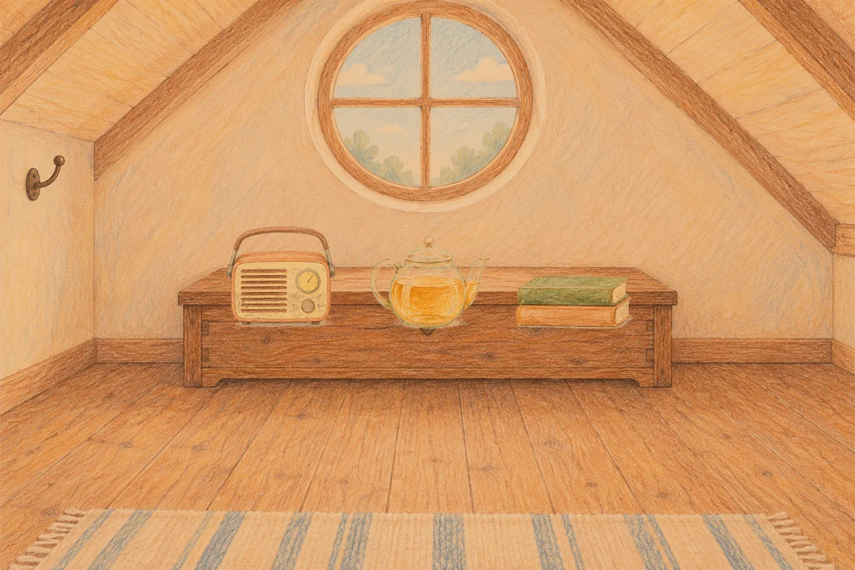 신내동 여성전용 경락 마사지 안내 그림, 저녁의 다락방 나무 궤짝 위에 놓인 작은 라디오, 유리 티포트, 책 두 권