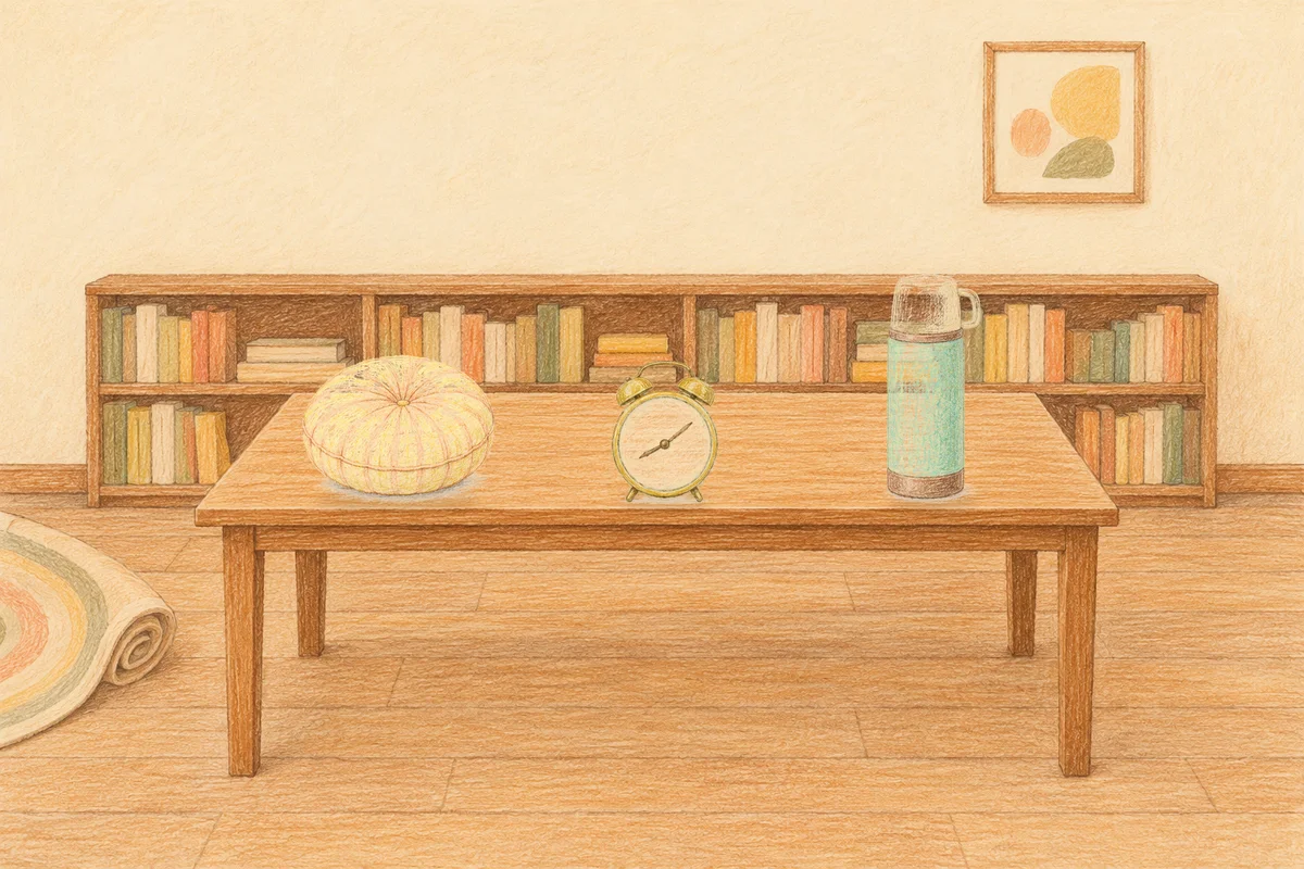 신내동 여성전용 경락 케어 안내 그림, 낮의 서재 긴 책상 위에 놓인 둥근 쿠션, 둥근 알람시계, 보온병