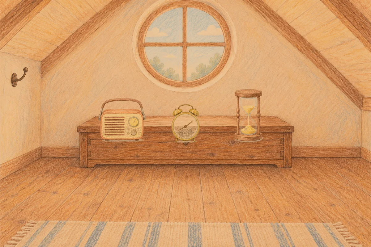 신내동 여성전용 얼굴 경락 안내 그림, 저녁의 다락방 나무 궤짝 위에 놓인 작은 라디오, 둥근 알람시계, 모래시계