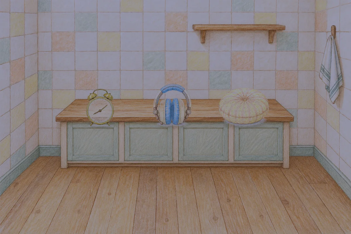 신내동 여성전용 경락마사지 후기 안내 그림, 밤의 부엌 나무 조리대 위에 놓인 둥근 알람시계, 헤드폰, 둥근 쿠션