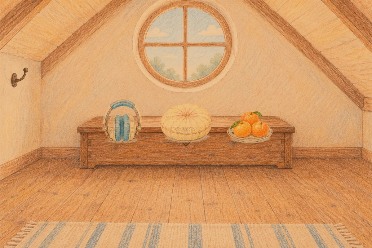 신내동 여성전용 홈케어 안내 그림, 저녁의 다락방 나무 궤짝 위에 놓인 헤드폰, 둥근 쿠션, 귤이 담긴 접시