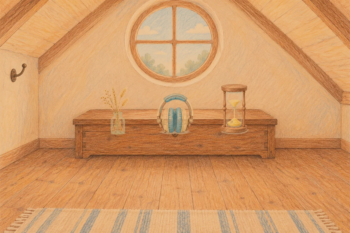 신내동 여성전용 홈케어 서비스 안내 그림, 저녁의 다락방 나무 궤짝 위에 놓인 마른 풀을 꽂은 항아리, 헤드폰, 모래시계