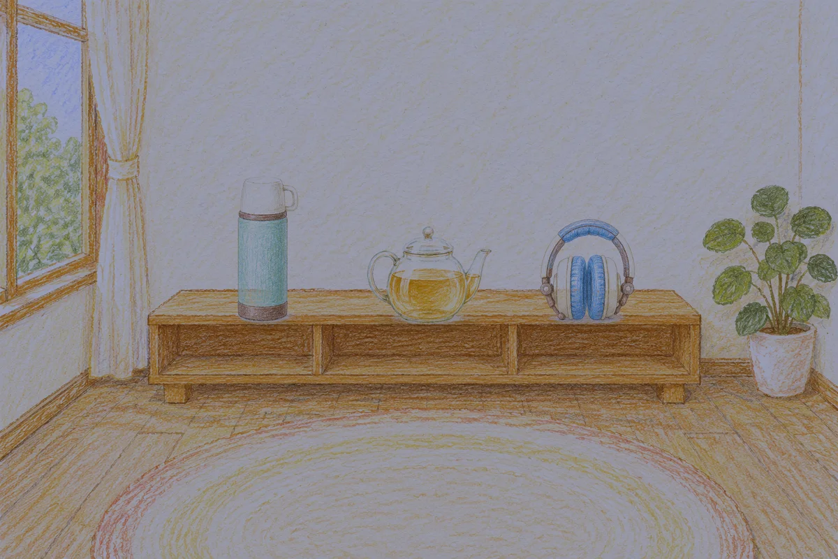 신내동 여성전용 프라이빗 케어 안내 그림, 밤의 창가 낮은 선반 위에 놓인 보온병, 유리 티포트, 헤드폰