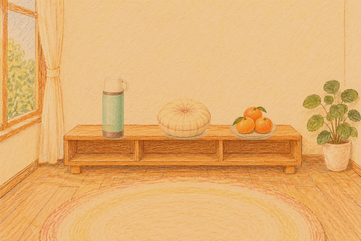 신내동 여성전용 홈케어 후기 안내 그림, 저녁의 창가 낮은 선반 위에 놓인 보온병, 둥근 쿠션, 귤이 담긴 접시