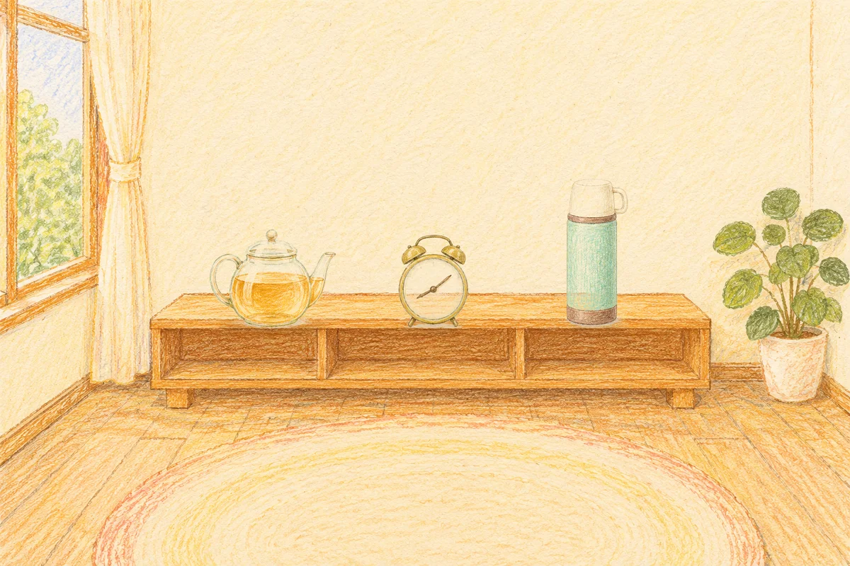 신내동 여성전용 발 부종 케어 안내 그림, 낮의 창가 낮은 선반 위에 놓인 유리 티포트, 둥근 알람시계, 보온병
