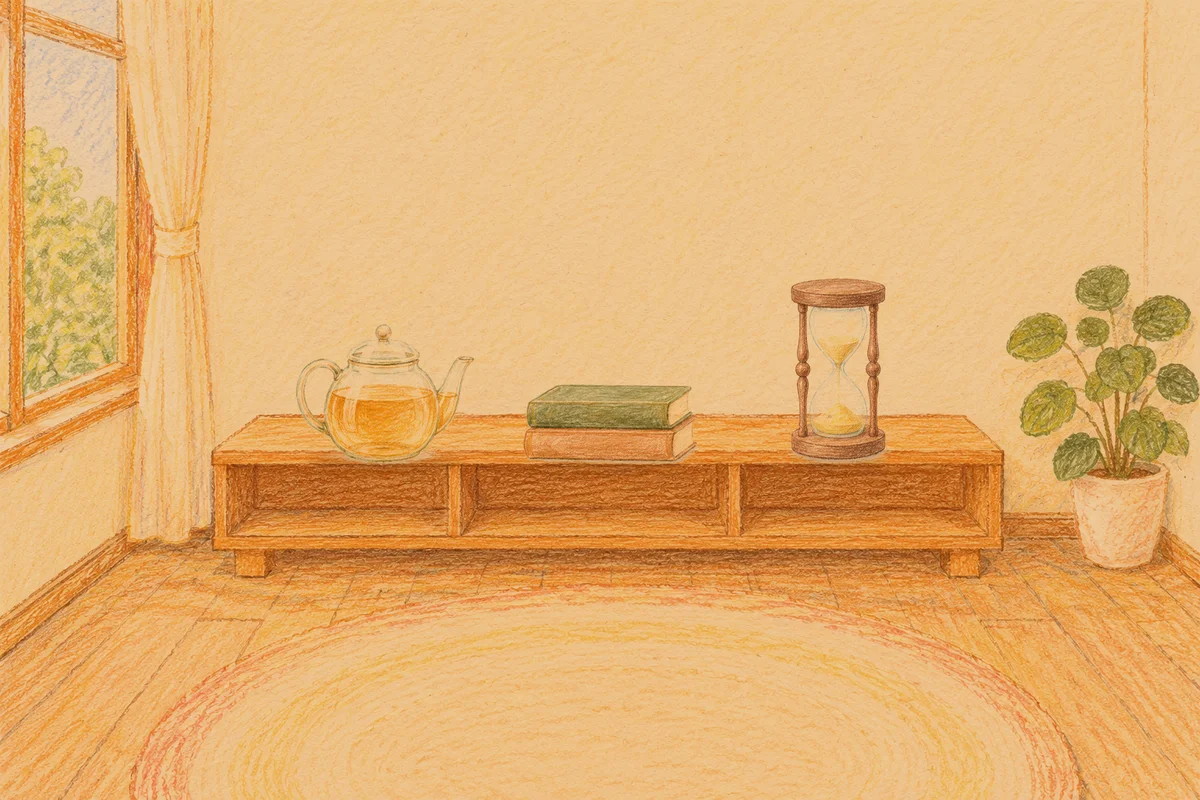 신내동 여성전용 발관리 후기 안내 그림, 저녁의 창가 낮은 선반 위에 놓인 유리 티포트, 책 두 권, 모래시계