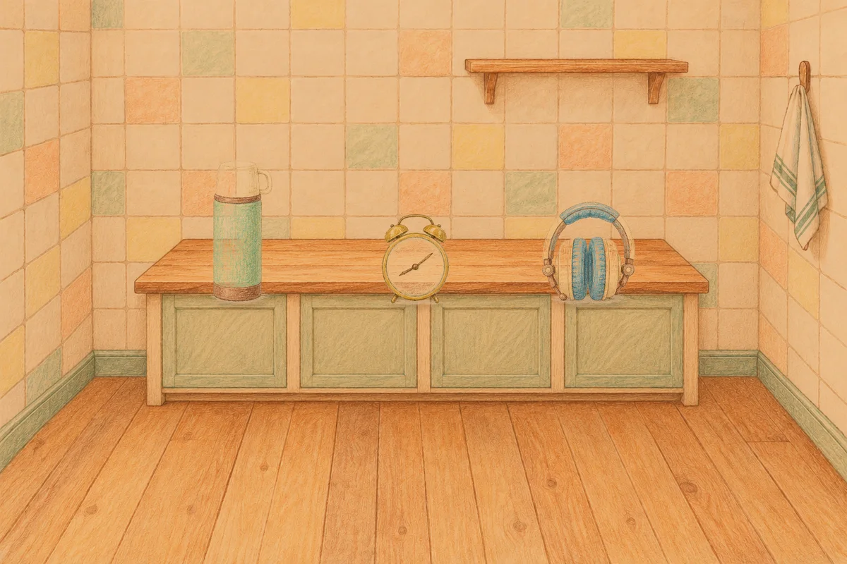 신내동 여성전용 발관리 추천 안내 그림, 저녁의 부엌 나무 조리대 위에 놓인 보온병, 둥근 알람시계, 헤드폰