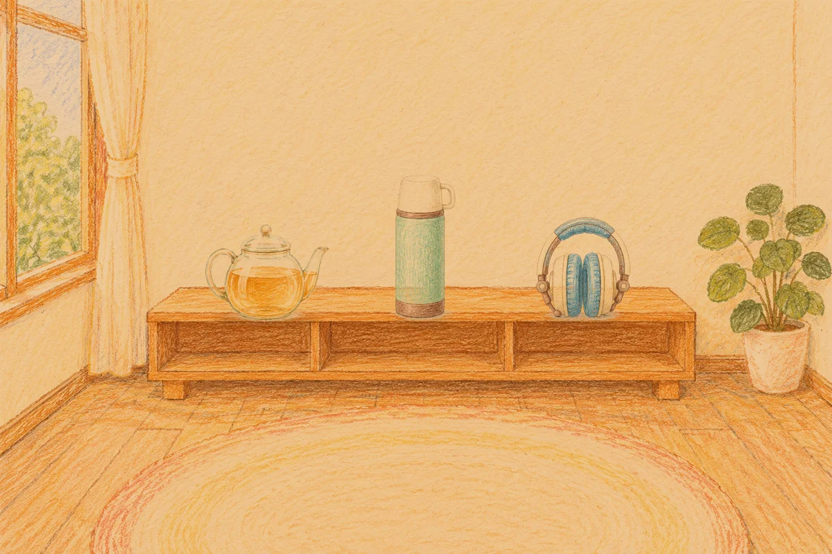 신내동 여성전용 림프 마사지 안내 그림, 저녁의 창가 낮은 선반 위에 놓인 유리 티포트, 보온병, 헤드폰