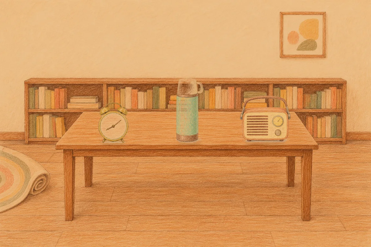 신내동 여성전용 부종 케어 안내 그림, 저녁의 서재 긴 책상 위에 놓인 둥근 알람시계, 보온병, 작은 라디오
