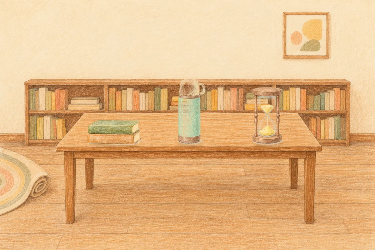 신내동 여성전용 복부 마사지 안내 그림, 낮의 서재 긴 책상 위에 놓인 책 두 권, 보온병, 모래시계