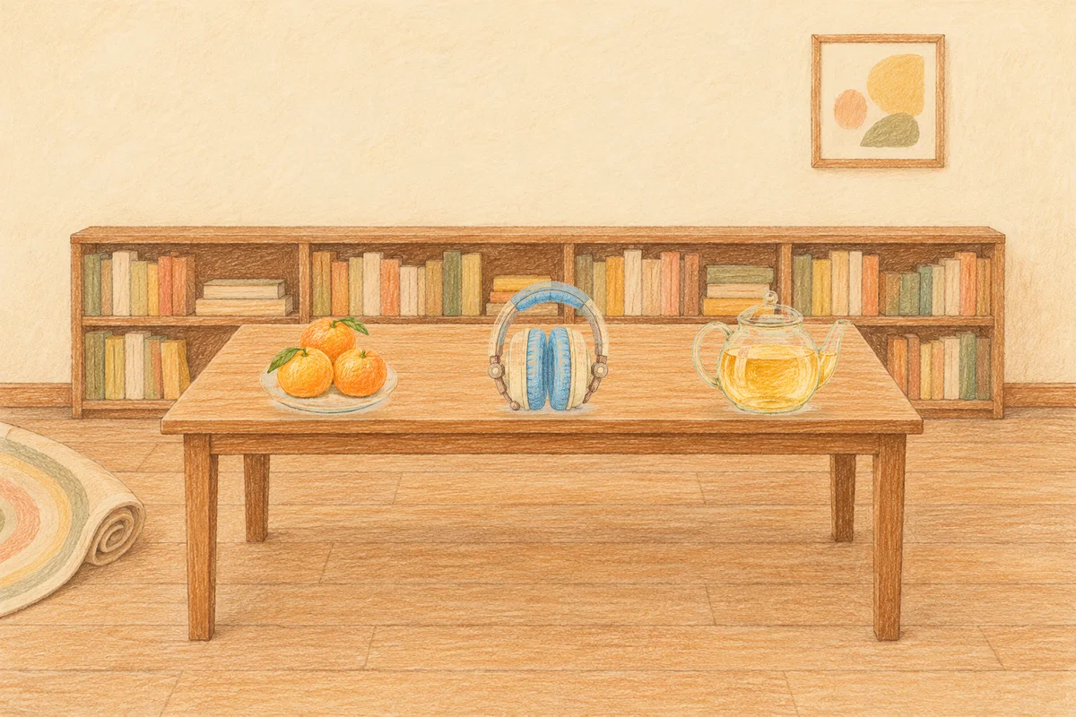 신내동 여성전용 두피 케어 안내 그림, 낮의 서재 긴 책상 위에 놓인 귤이 담긴 접시, 헤드폰, 유리 티포트