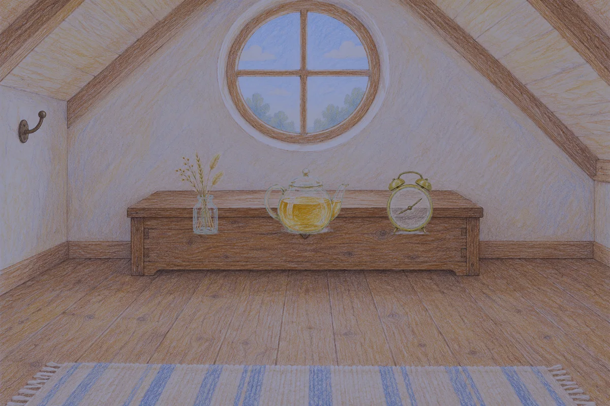 신내동 여성전용 두통 완화 마사지 안내 그림, 밤의 다락방 나무 궤짝 위에 놓인 마른 풀을 꽂은 항아리, 유리 티포트, 둥근 알람시계