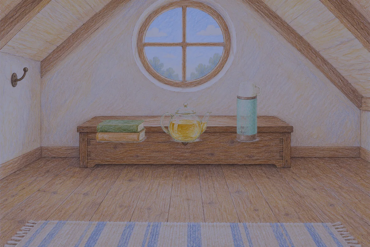 신내동 여성전용 피로 회복 마사지 안내 그림, 밤의 다락방 나무 궤짝 위에 놓인 책 두 권, 유리 티포트, 보온병
