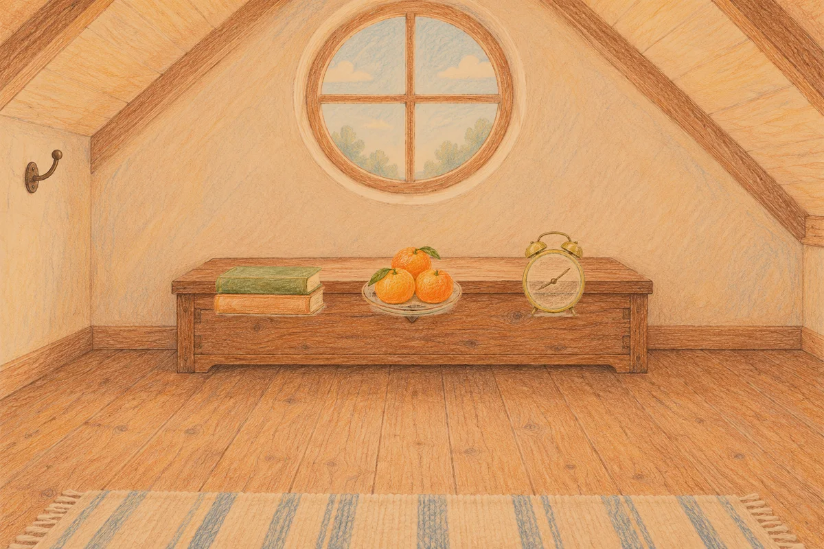 신내동 여성전용 얼굴 마사지 안내 그림, 저녁의 다락방 나무 궤짝 위에 놓인 책 두 권, 귤이 담긴 접시, 둥근 알람시계
