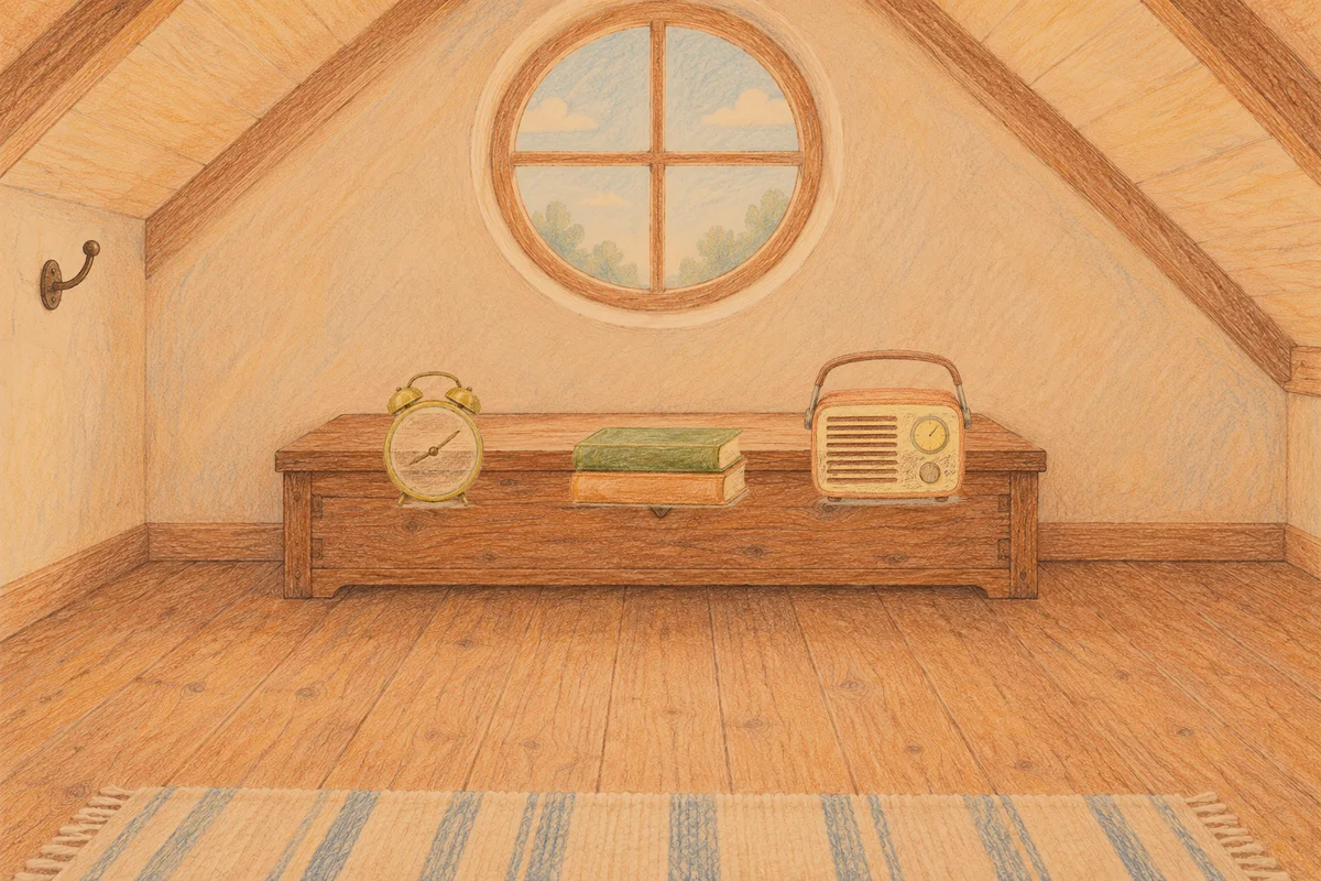 신내동 여성전용 림프 페이셜 안내 그림, 저녁의 다락방 나무 궤짝 위에 놓인 둥근 알람시계, 책 두 권, 작은 라디오