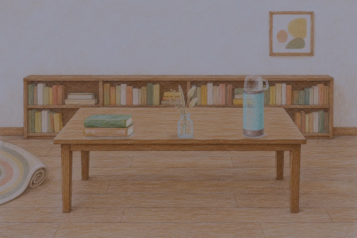 신내동 여성전용 피부 관리 안내 그림, 밤의 서재 긴 책상 위에 놓인 책 두 권, 마른 풀을 꽂은 항아리, 보온병