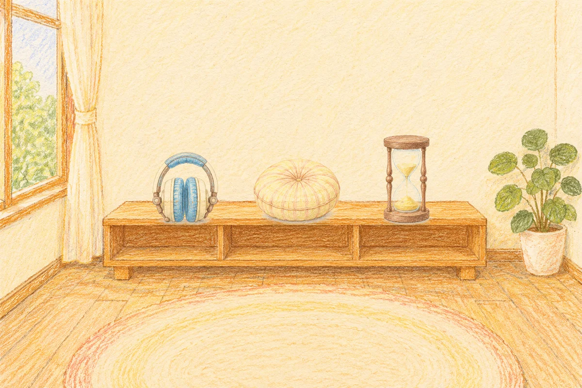 신내동 여성전용 예약 마사지 안내 그림, 낮의 창가 낮은 선반 위에 놓인 헤드폰, 둥근 쿠션, 모래시계