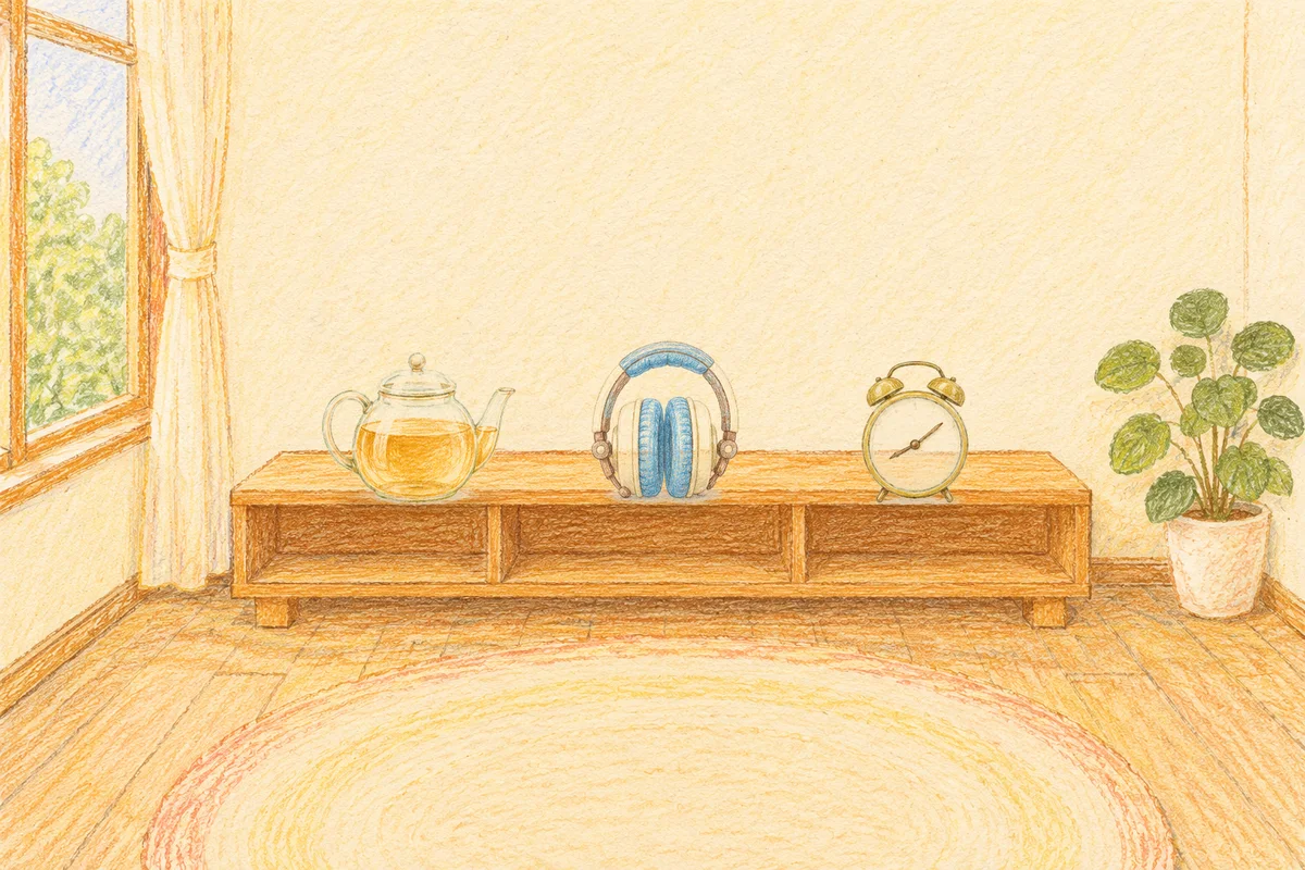 신내동 여성전용 가격 마사지 안내 그림, 낮의 창가 낮은 선반 위에 놓인 유리 티포트, 헤드폰, 둥근 알람시계