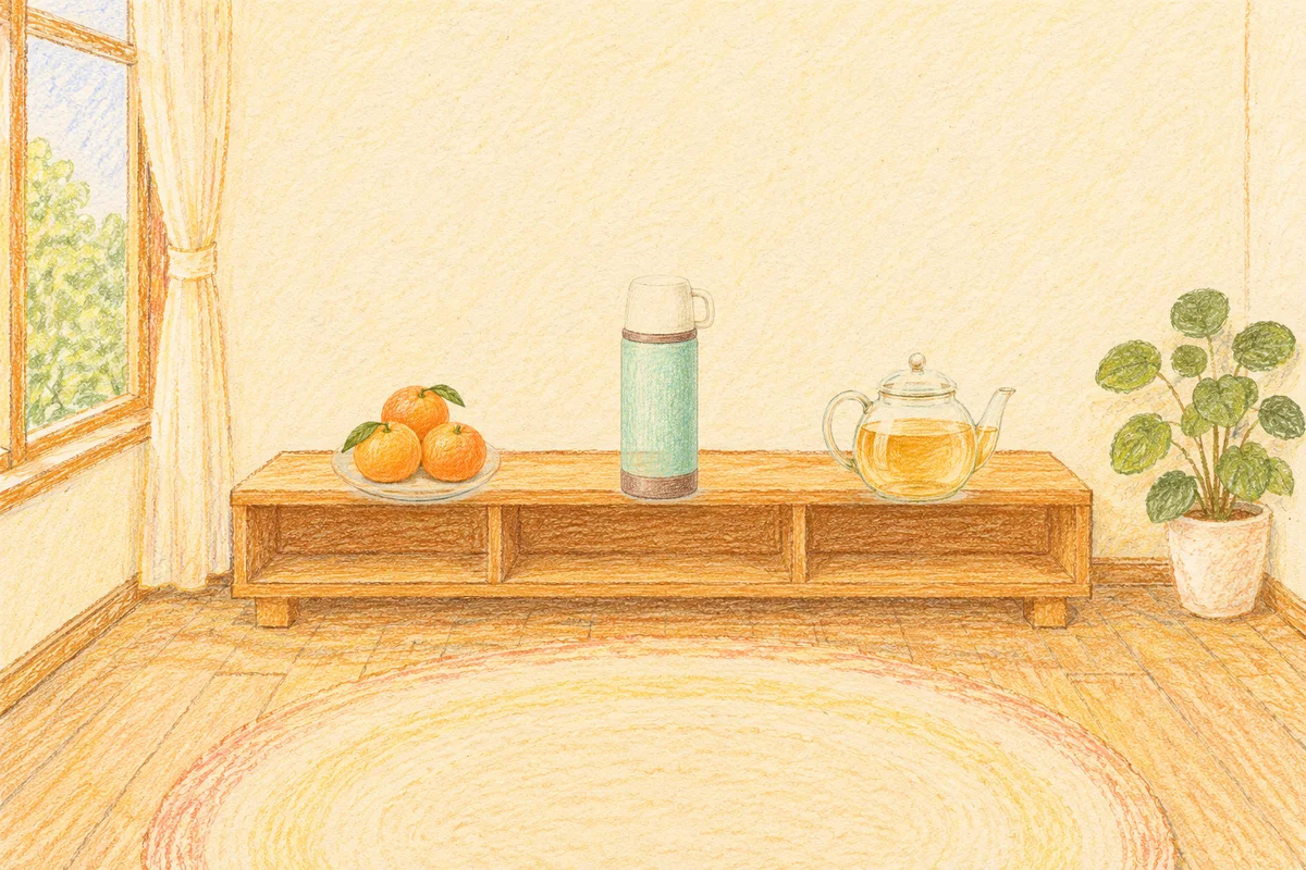 신내동 여성전용 출장 마사지 안내 그림, 낮의 창가 낮은 선반 위에 놓인 귤이 담긴 접시, 보온병, 유리 티포트