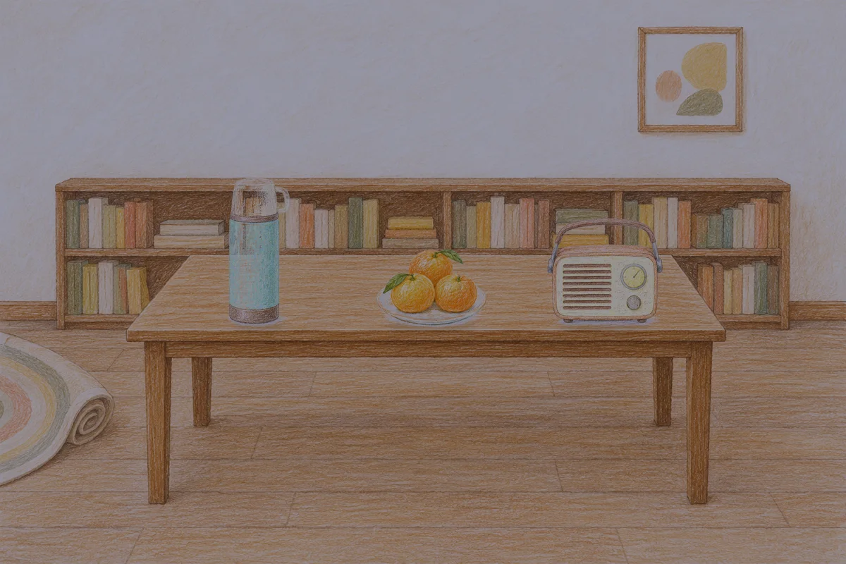 신내동 여성전용 출장 마사지 후기 안내 그림, 밤의 서재 긴 책상 위에 놓인 보온병, 귤이 담긴 접시, 작은 라디오