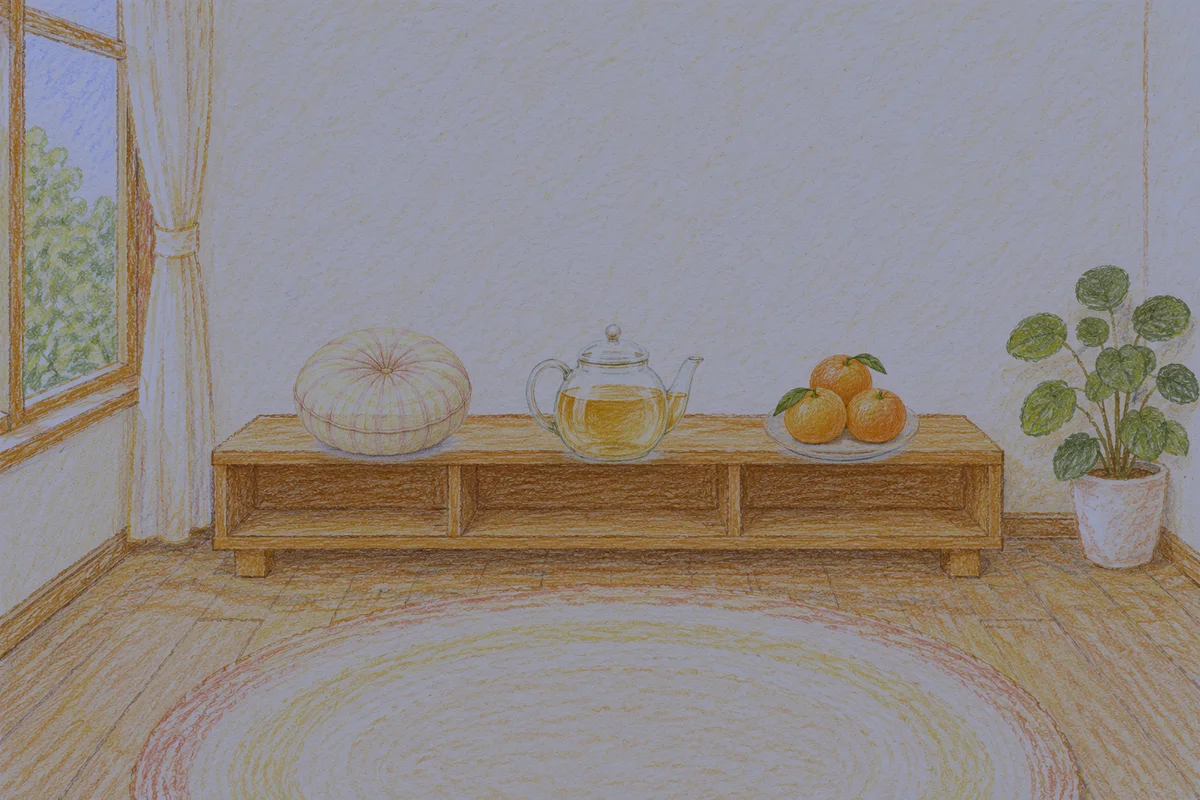 묵동 여성전용 아로마 마사지 안내 그림, 밤의 창가 낮은 선반 위에 놓인 둥근 쿠션, 유리 티포트, 귤이 담긴 접시