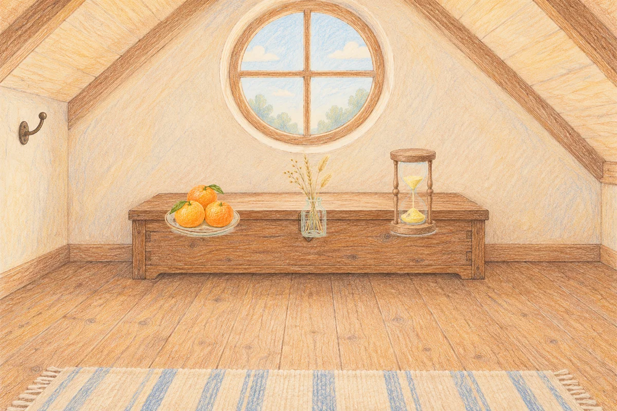 묵동 여성전용 프리미엄 스웨디시 안내 그림, 낮의 다락방 나무 궤짝 위에 놓인 귤이 담긴 접시, 마른 풀을 꽂은 항아리, 모래시계
