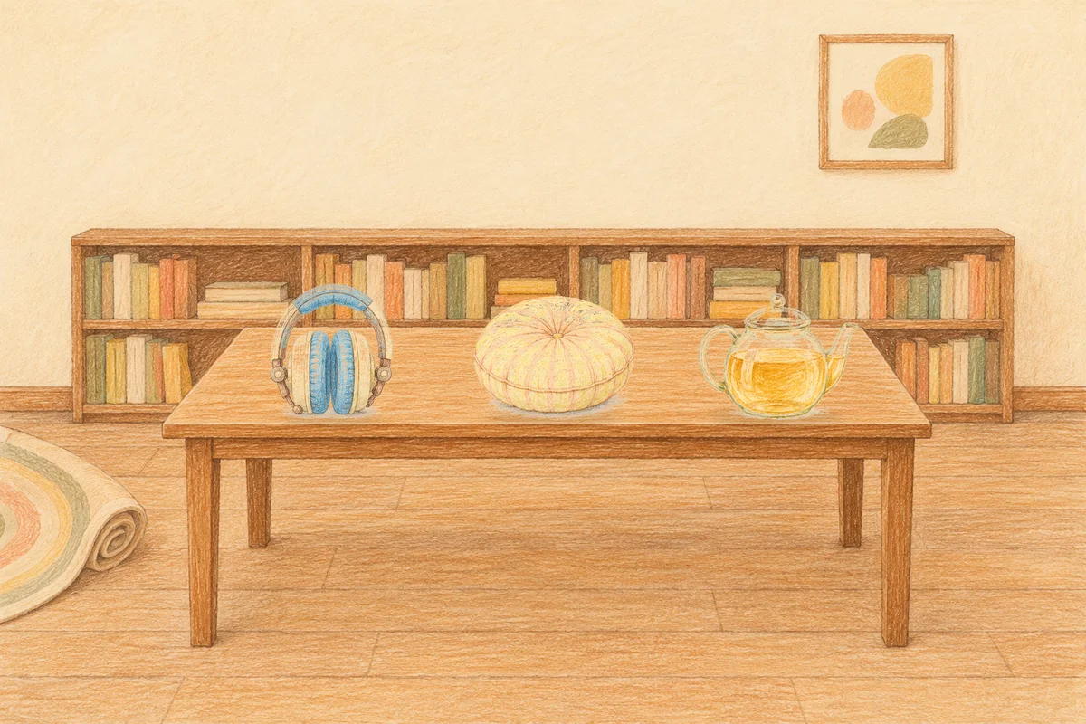 묵동 여성전용 스웨디시 후기 안내 그림, 낮의 서재 긴 책상 위에 놓인 헤드폰, 둥근 쿠션, 유리 티포트